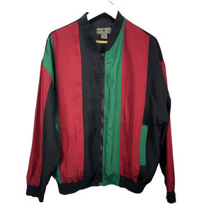 Robert Stock Vintage 90s Colorblock Silk Bomber Jacket Size L Red Green Black